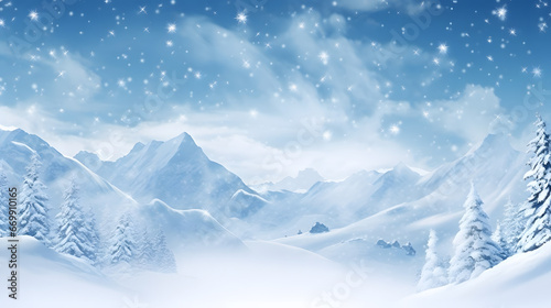 Craft a breathtaking snowflakes wallpaper featuring majestic mountain peaks cloaked in fresh snow, with detailed flakes cascading from the crisp, clear sky.
