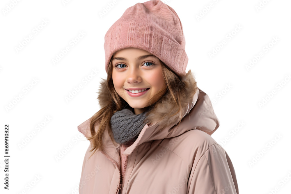 Portrait of a happy teenage girl in a pink winter jacket and hat isolated on a white transparent background