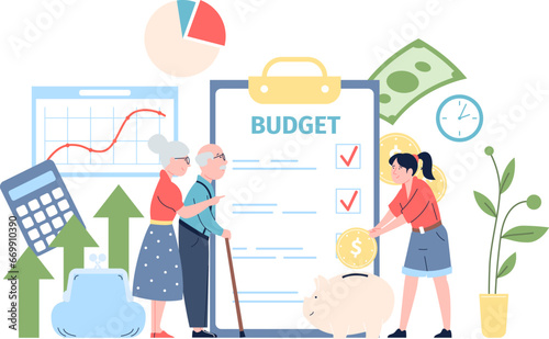 Pension fund planning. Money investment on long term, banking system for senior people. Plan on savings, social service recent vector scene