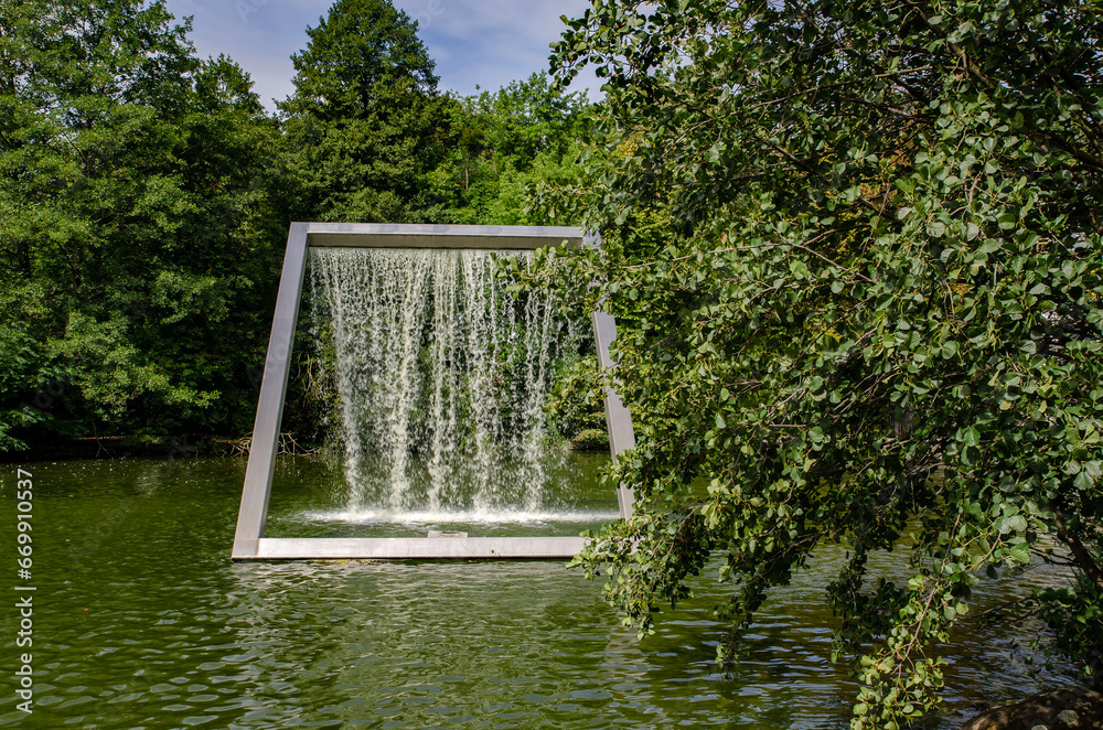 Munich Bavaria Germany -September 1 2023 in munich west park beautiful and unusual fountain on the lake