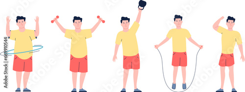 Fat person athlete doing exercises. Plump of fat man training engaged sport and lose weight step by step. Overweight concept, obese and athletic recent vector scene