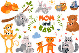 Mother and cubs animals. Cartoon baby animal hugging moms. Koala, hippo and bears, funny raccoon and birds in nest classy vector characters
