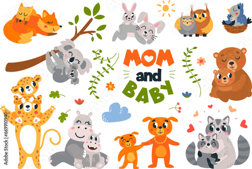 Mother and cubs animals. Cartoon baby animal hugging moms. Koala, hippo and bears, funny raccoon and birds in nest classy vector characters © LadadikArt