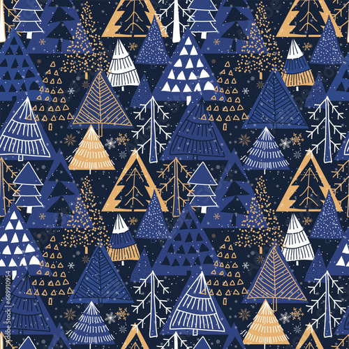 Christmas seamless pattern for greeting cards, wrapping paper. Hand drawn winter background from doodle Christmas trees, snowflakes, deer and dogs. Vector illustration.