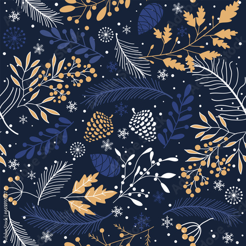 Merry Christmas, Happy New Year seamless pattern with fir branch, holly leaves and berries for greeting cards, wrapping paper. Seamless winter pattern. Vector illustration.