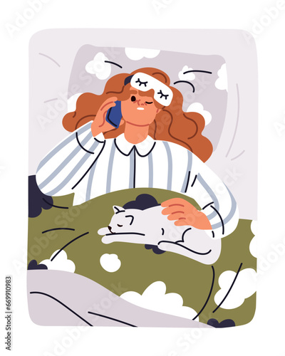 Waking up from mobile phone call. Annoyed upset asleep woman awakening in bed, disturbed by smartphone, cellphone talk late at night. Sleepy person oversleeping in morning. Flat vector illustration