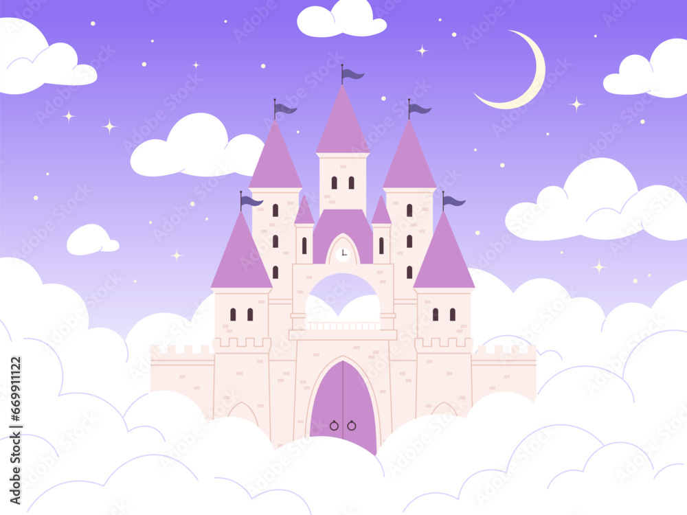 Castle medieval fairy tale dream. Princess house in clouds at night, sleep dreaming scene. Magic architecture with towers and flags, racy vector illustration