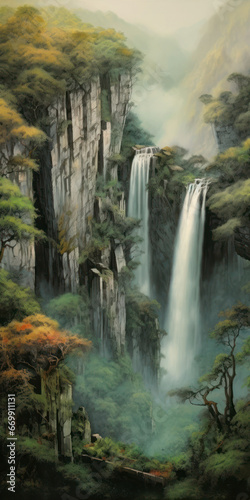 Misty mountains with waterfalls, Chinese traditional painting. Chinese painting in ink and watercolor.