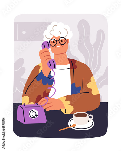 Old woman calling, talking on retro landline phone. Senior elderly lady, grandmother speaking, chatting, holding receiver handset, desk telephone. Grandma, granny chatting. Flat vector illustration
