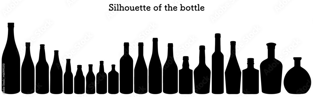 Silhouette set of sake bottles, a bottle of sake and a bottle of beer or a bottle of wine or a bottle of whiskey Silhouette set of sake bottles, a bottle of sake and a bottle of beer or a bottle of wine or a bottle of whiskey