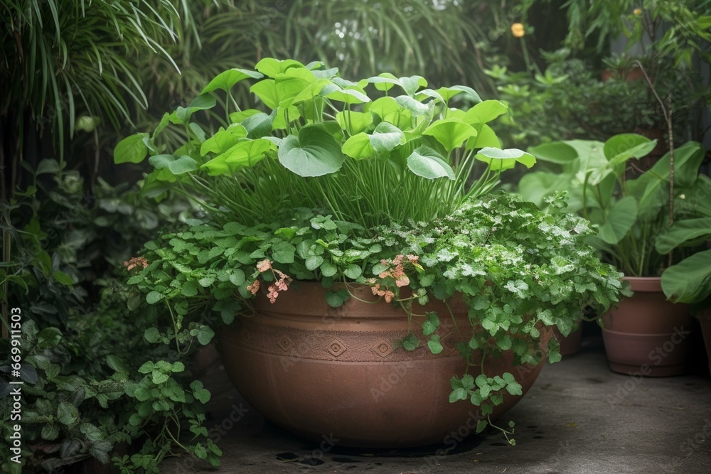 Plant in a pot surrounded by lush greenery. Generative AI