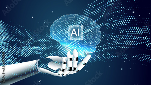robot hand holds artificial intelligence brain with hexagon style dots wave background
