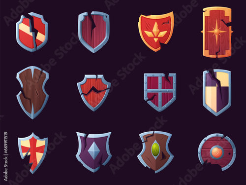 Broken shields medieval icons clipart. Game warrior elements, ancient war equipment. Ui bar symbols, damaged gaming cartoon nowaday vector set