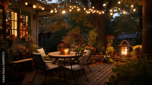 Autumn patio party lights decorate a cozy garden