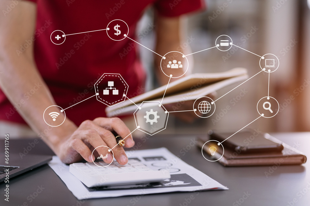 Close up woman doing finance at home office with calculate expenses. Close up woman doing finance at home office with calculate expenses.
