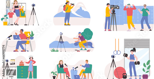 Bloggers review, live streaming and rec. Young adults influencers doing video in city and at home. Vloggers and streamer, splendid vector scenes