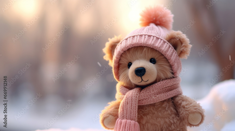 Toy bear with knitted hat and scarf