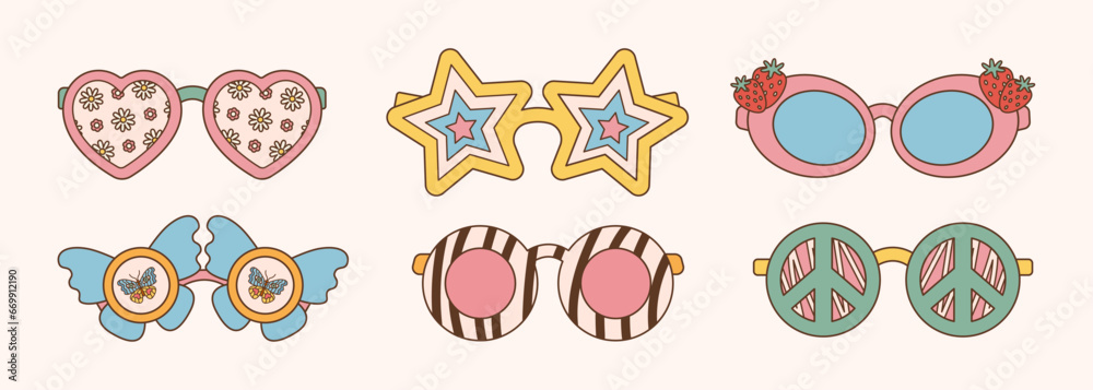 Fototapeta premium Sunglasses set in retro groovy hippie style. Different forms stars, heart, peace symbol, flowers. Vector illustration 70s 80s