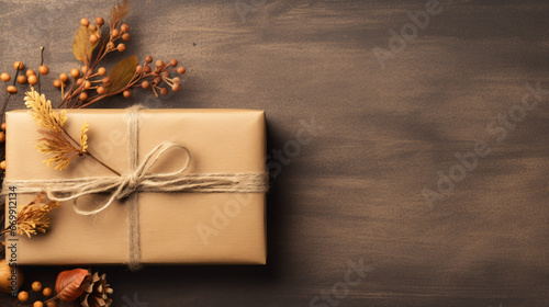 Autumn themed composition with wrapped gift rustic