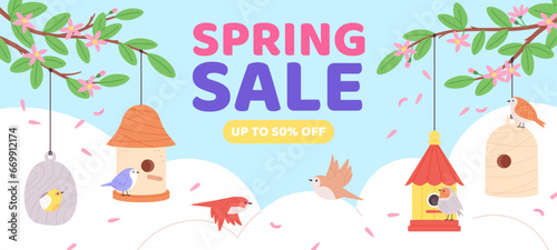 Fotografia Seasonal sale banner with birdhouses and flat birds