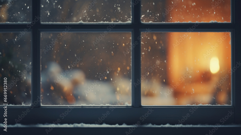 Window from inside with falling snowflakes and a Christmas bokeh background - obrazy, fototapety, plakaty 