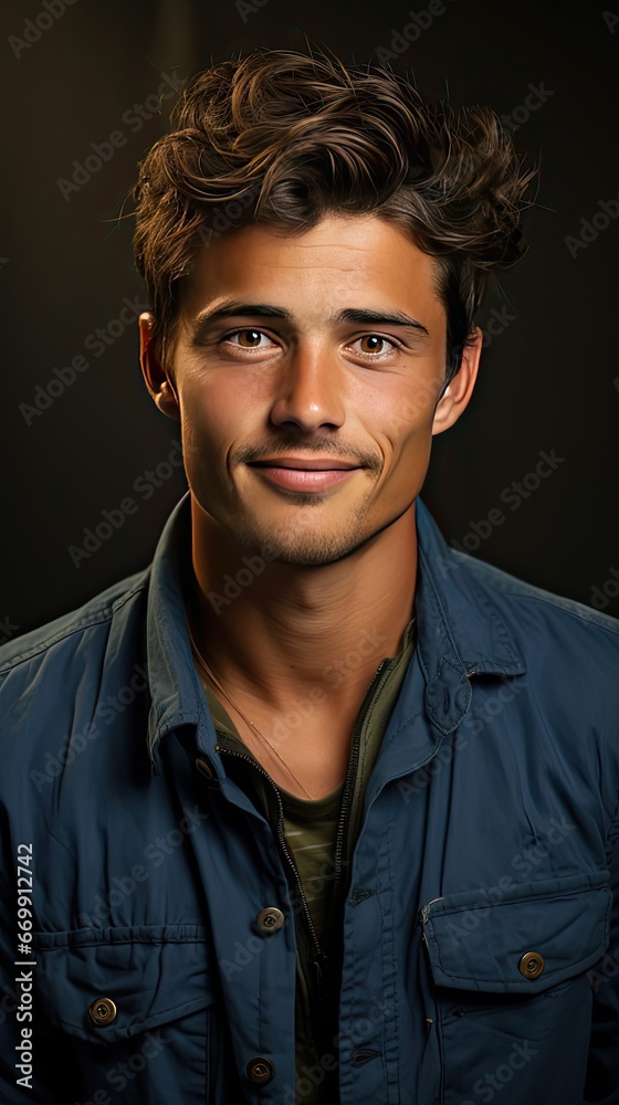 Handsome smiling young man studio portrait. Model portrait illustration. Generative AI