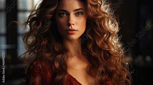Portrait of a beautiful brunette woman with long wavy hair. Model illustration. Generative AI