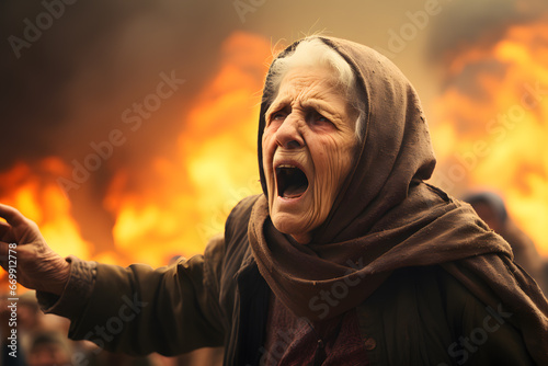 Portrait of a woman screaming infron flames ai generated art.  © Tsanko