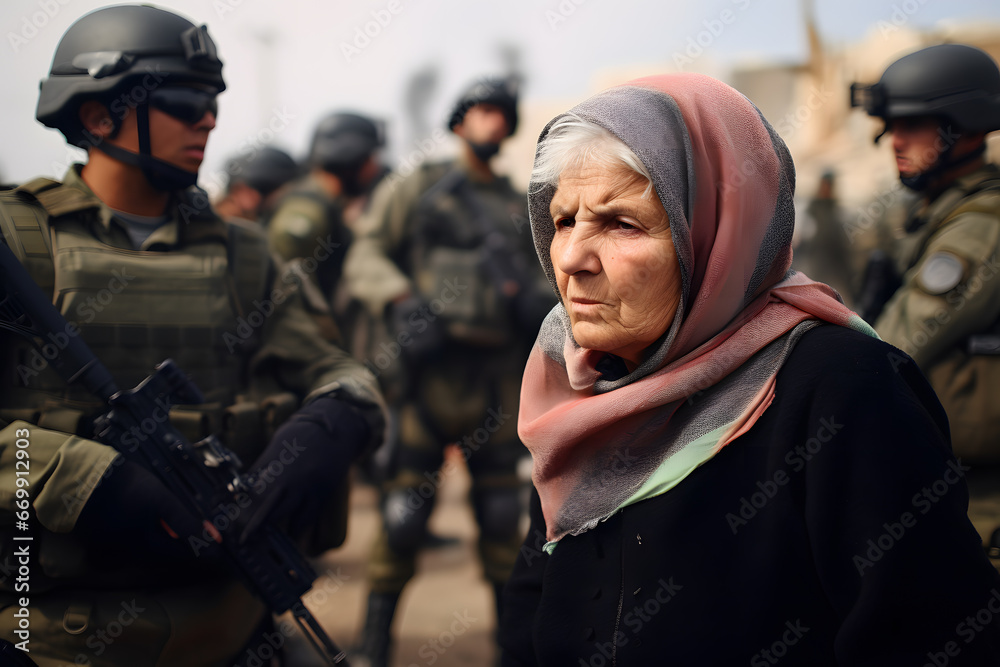 Old muslim lady among soldires with helmets ai generated art. Old muslim lady among soldires with helmets ai generated art.