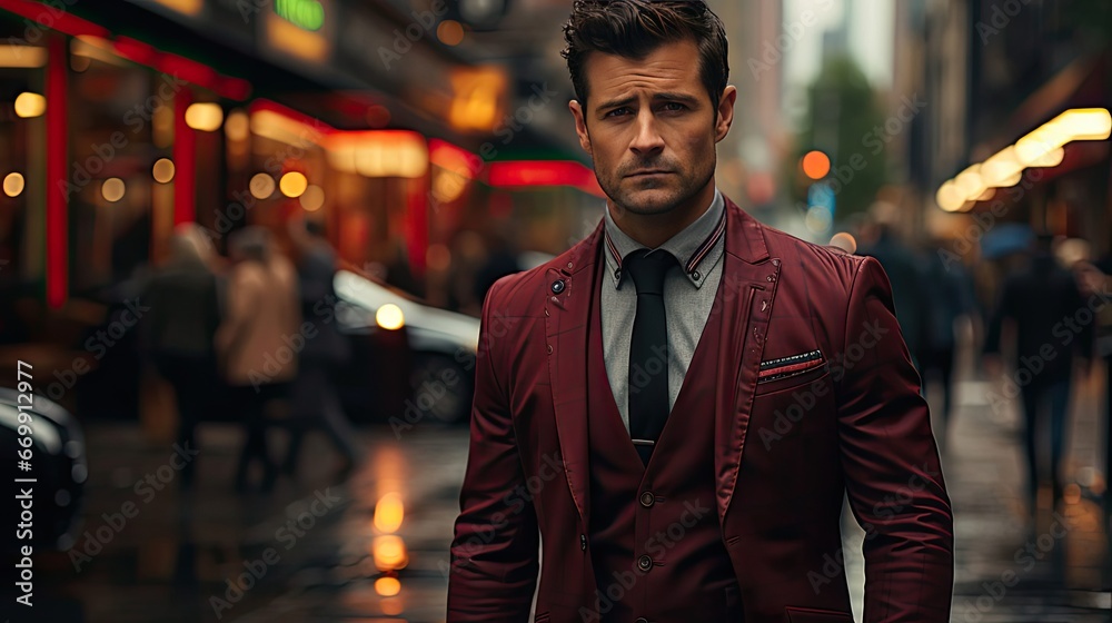 Handsome male model in checked suit walking on the street. Model illustration. Generative AI Handsome male model in checked suit walking on the street. Model illustration. Generative AI