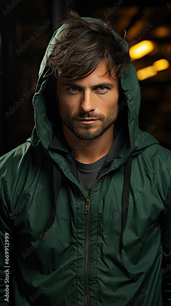 Handsome man in green hoodie on background. Model illustration. Generative AI Handsome man in green hoodie on background. Model illustration. Generative AI