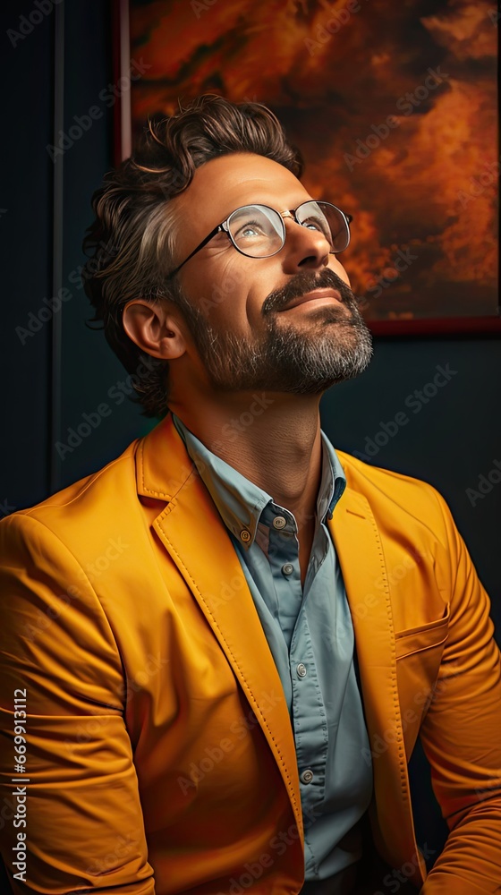 Portrait of charming mature man true boss feel content emotions wear yellow shirt over blue color background. Model portrait illustration. Generative AI