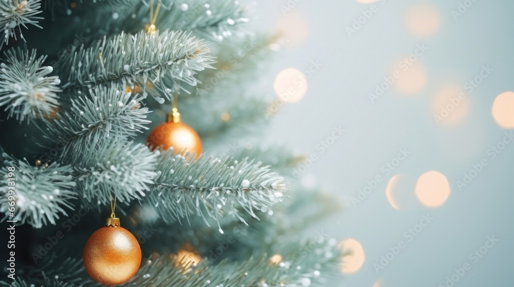 Close up Christmas tree background with golden ball