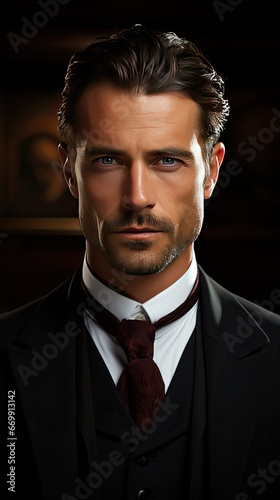 Portrait of handsome man in black suit. Man portrait illustration. Generative AI