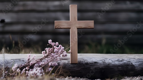 a wooden cross against a simple, rustic background. conveying the humility of the Christian faith. copy space. generative AI