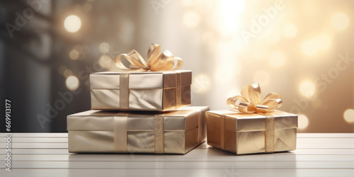 Two golden gift boxes in a Christmas background