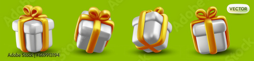 Vector set of illustration of realistic gift box with ribbon on green background. 3d style holiday design of different angle of present box. Festive gift surprise