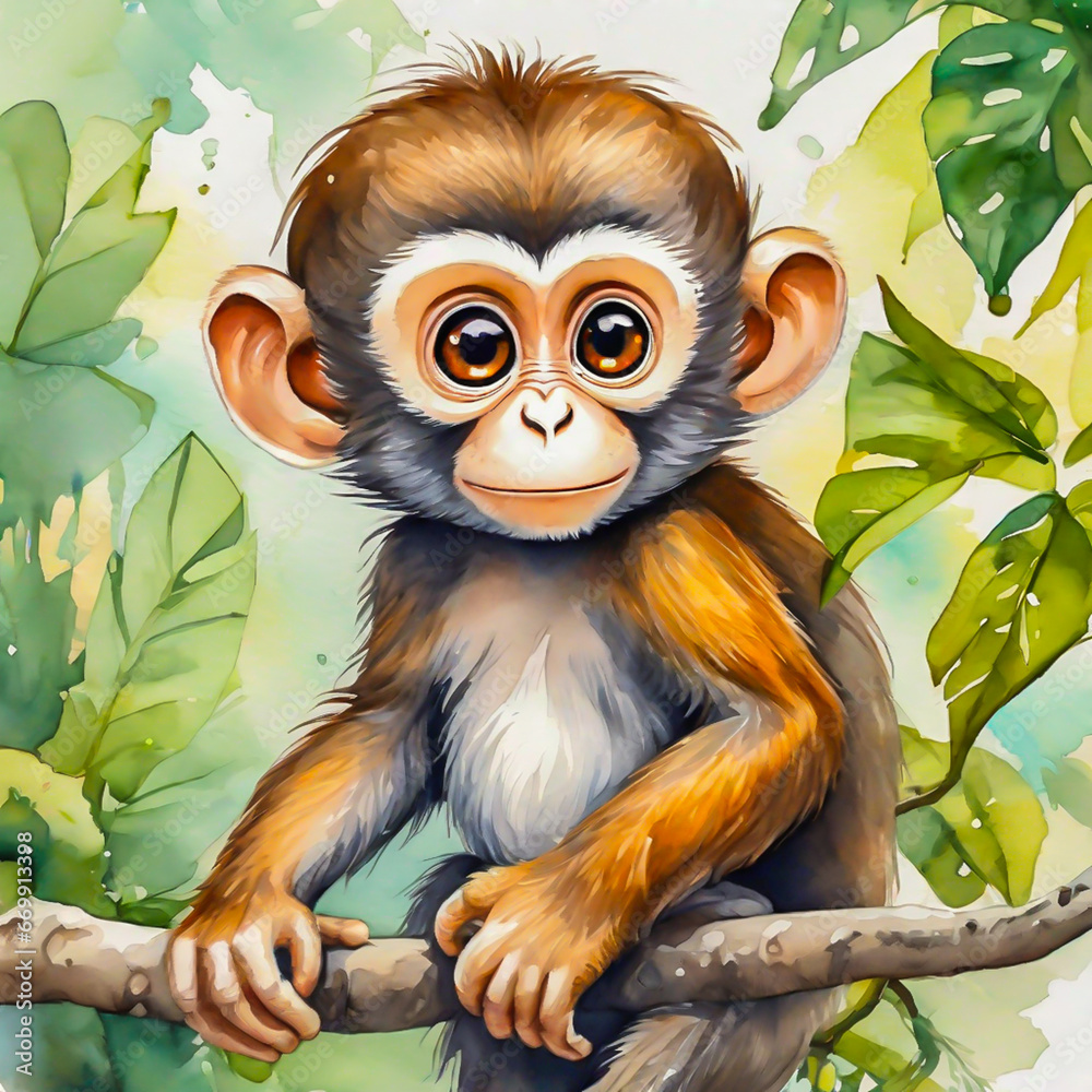 Obraz premium Cute little monkey cartoon in watercolor painting style.