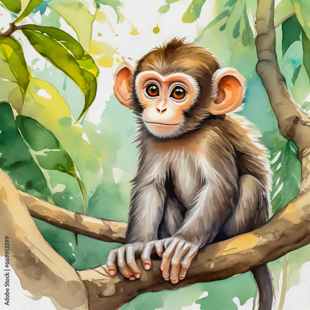 Obraz premium Cute little monkey cartoon in watercolor painting style.