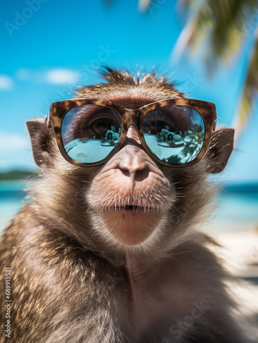 Cool Monkey on a Tropical Beach Holiday Wearing Sunglasses