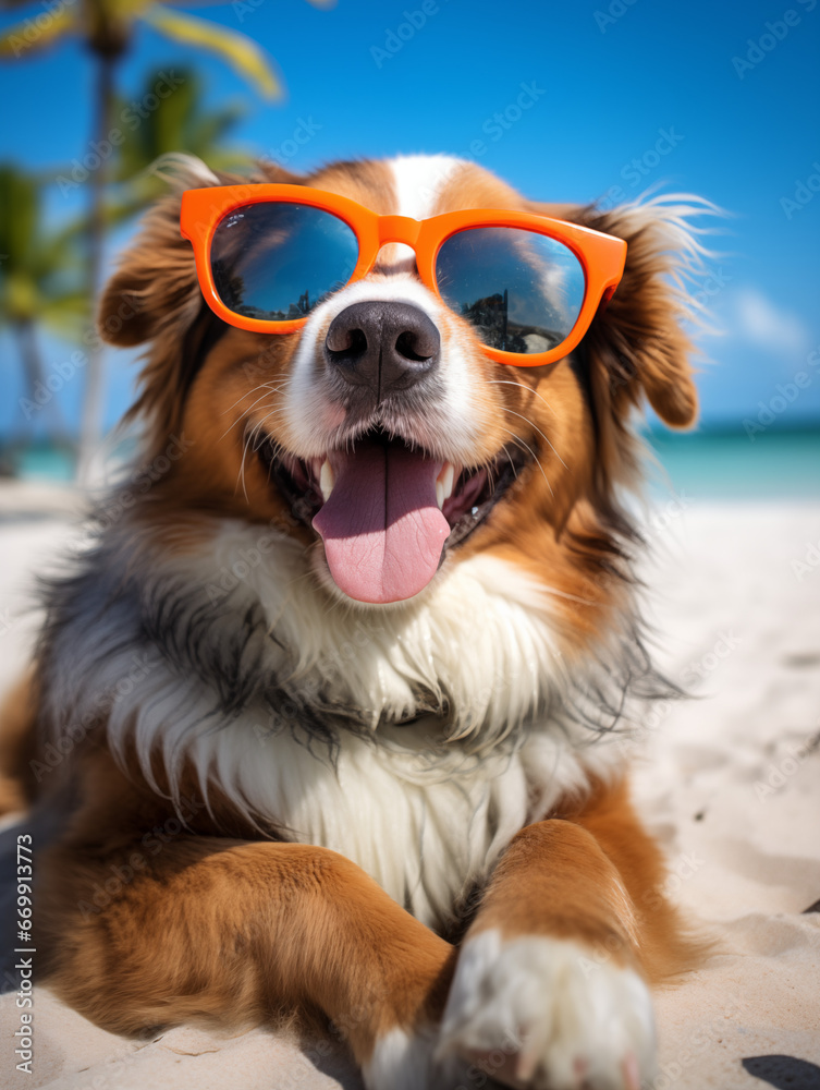 Happy Dog on a Beach Holiday wearing Sunglasses