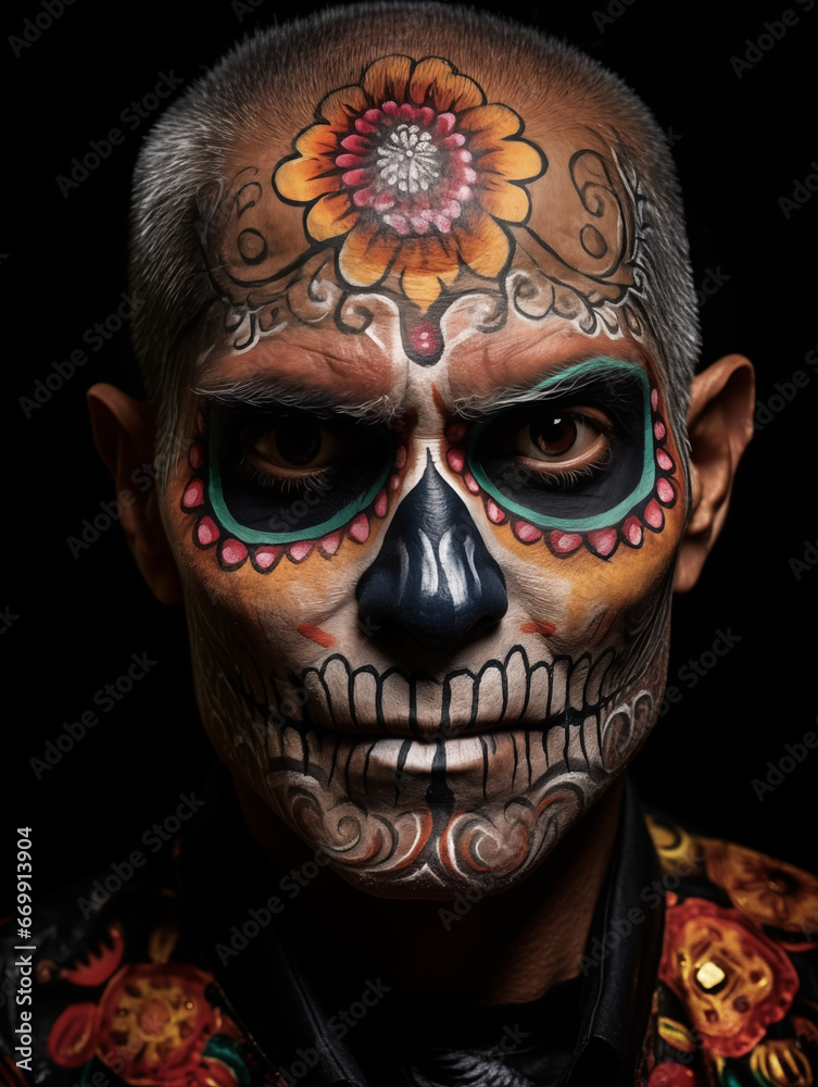 Man in Sugar Skull Makeup for Dia De Los Muertos Day of the Dead Celebrations