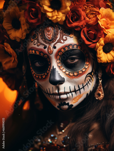 Woman in Sugar Skull Makeup for Dia De Los Muertos Day of the Dead Celebrations