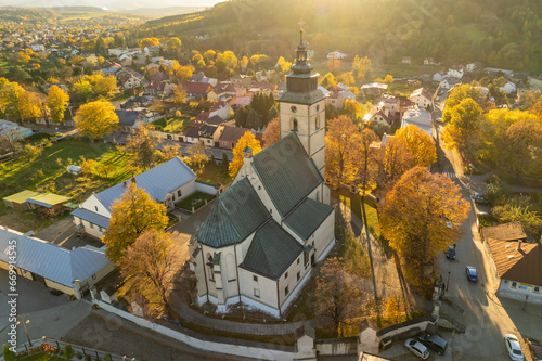 Fototapeta Naklejka Na Ścianę i Meble -  Aerial view of the Stary Sacz town in autumn at sunset, Poland