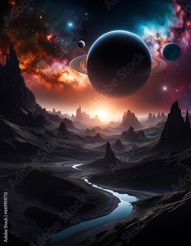 Abstract space wallpaper with colourful planets in the outer space. Amazing Cosmos Background. Digital illustration. CG Artwork Background