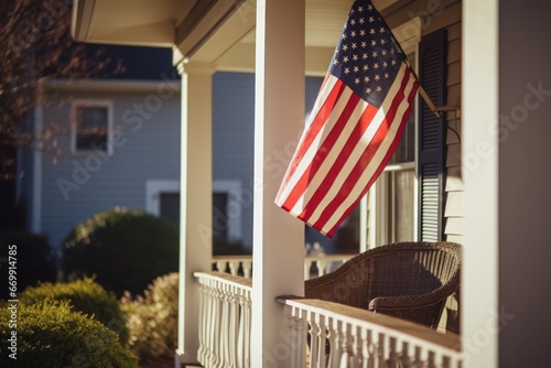 USA flag on building porch expresses patriotism reflecting love for country. USA flag on porch of house unmistakably radiates sense of patriotism signifying national allegiance. Cropped photo.
