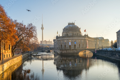 Museum Island on Spree river and tower at background at sunrise in Berlin, Germa