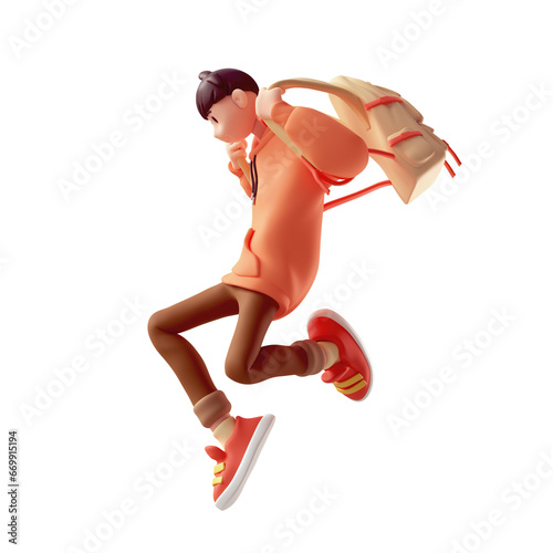 Young cute excited funny smiling сasual active guy wears fashion clothes red hoodie, brown jeans, sneakers, yellow backpack jump up in air have fun, rejoice, joy. 3d render isolated transparent.
