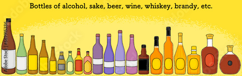 Sake bottle set with analog touch, a bottle of sake and a bottle of beer or a bottle of wine or a bottle of whiskey