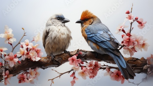 Two beautiful birds sitting on a flowery branch photo